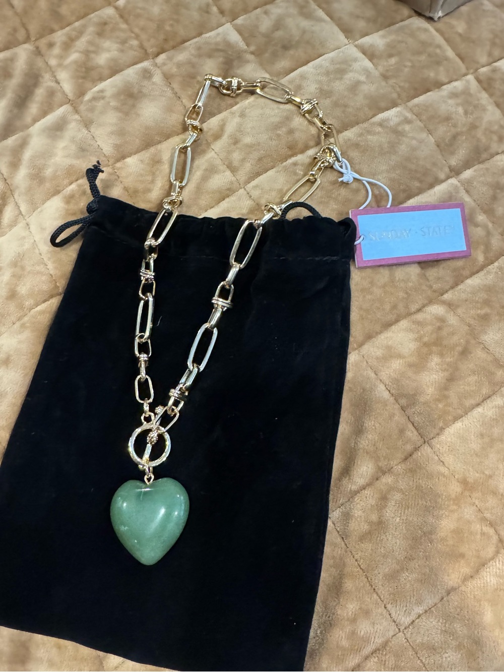 Gold Chain Necklace with Green Heart Pendant- front clasp by Sunday State💚
